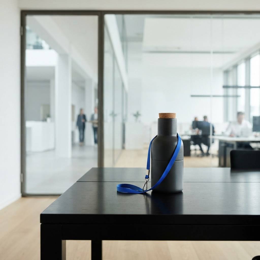 Ceramic carafe on a dark desk with a blue lanyard