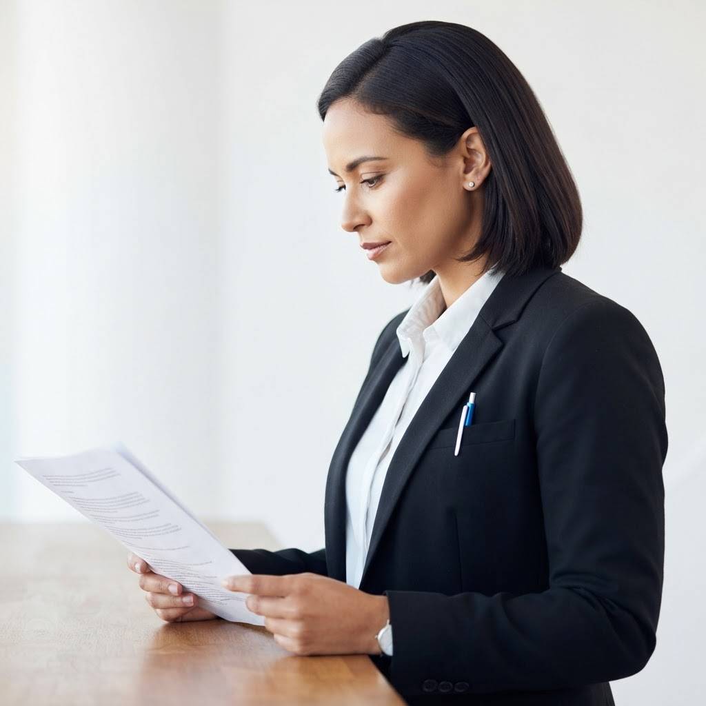 A business leader reviewing a strategy document in a bright professional setting