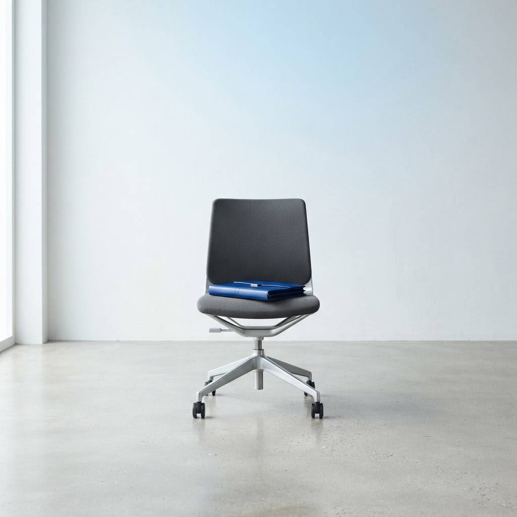 Minimalist designer chair with a blue folder