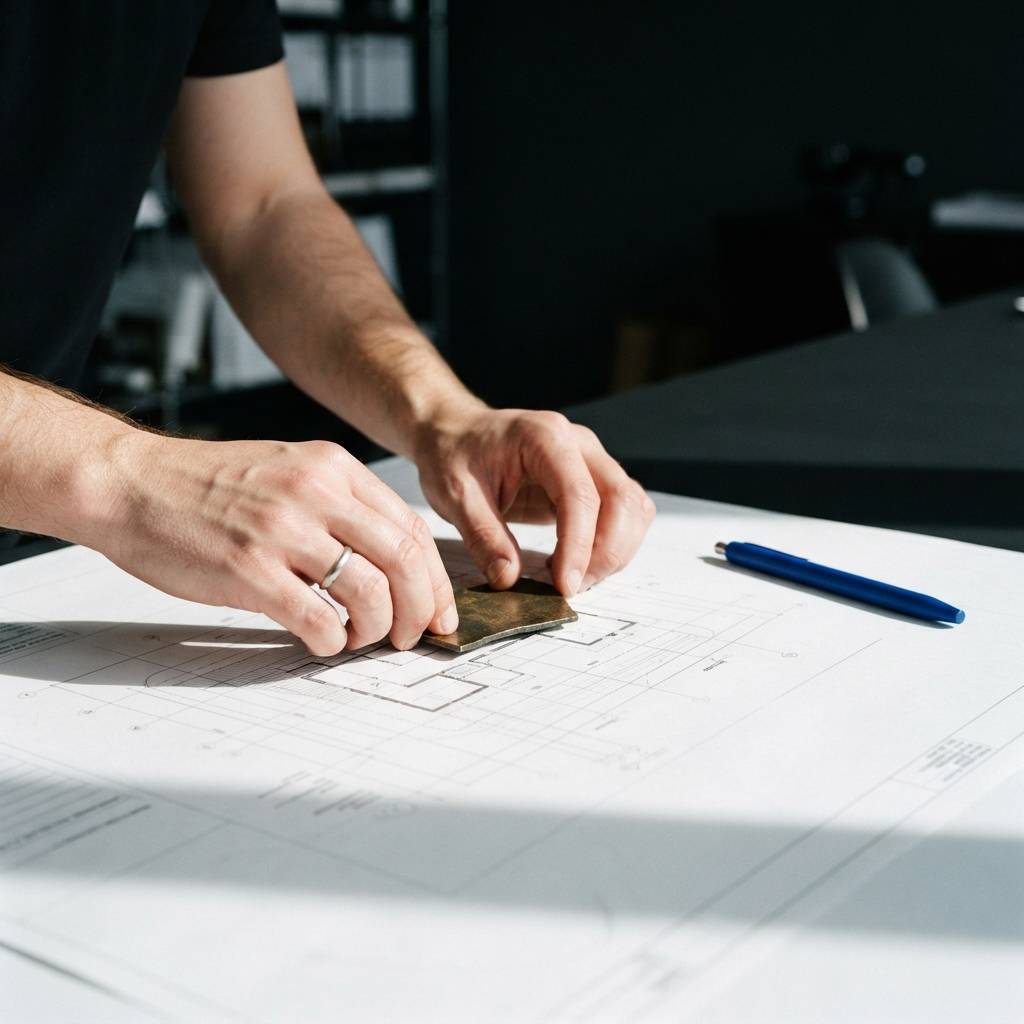 Professional hands placing material on a clean white surface