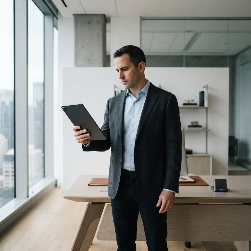 B2B SaaS leader considering strategy in a modern office