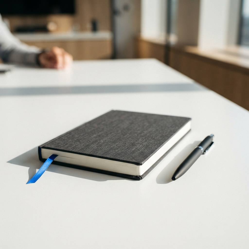 Professional notebook and pen on a white desk