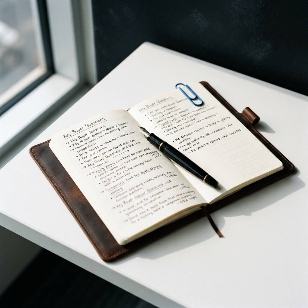 Handwritten buyer research notes on a clean desk