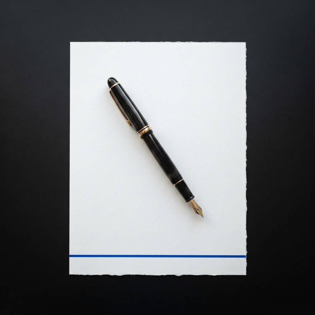 Fountain pen on a document with blue accent