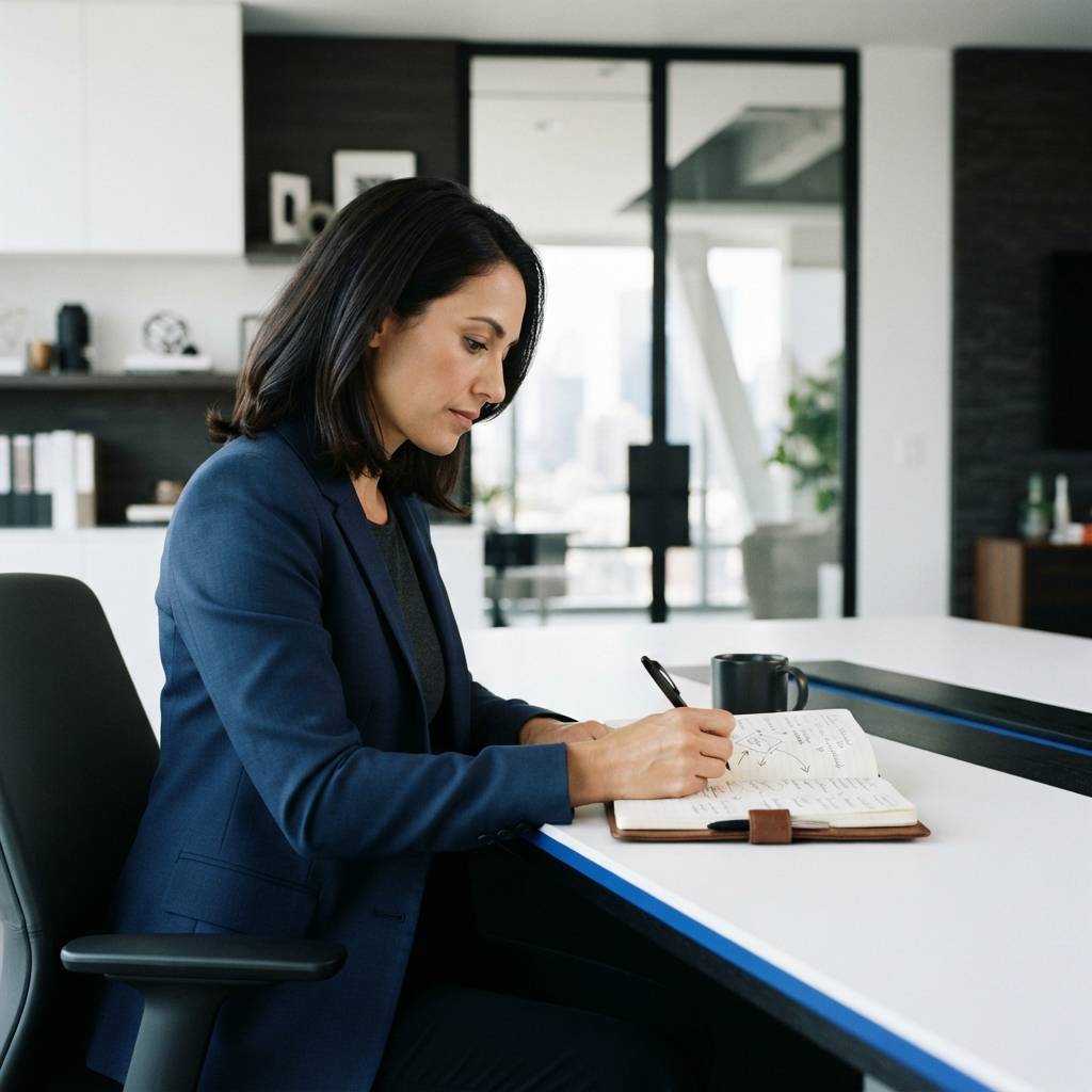 B2B executive reviewing marketing strategy in modern office