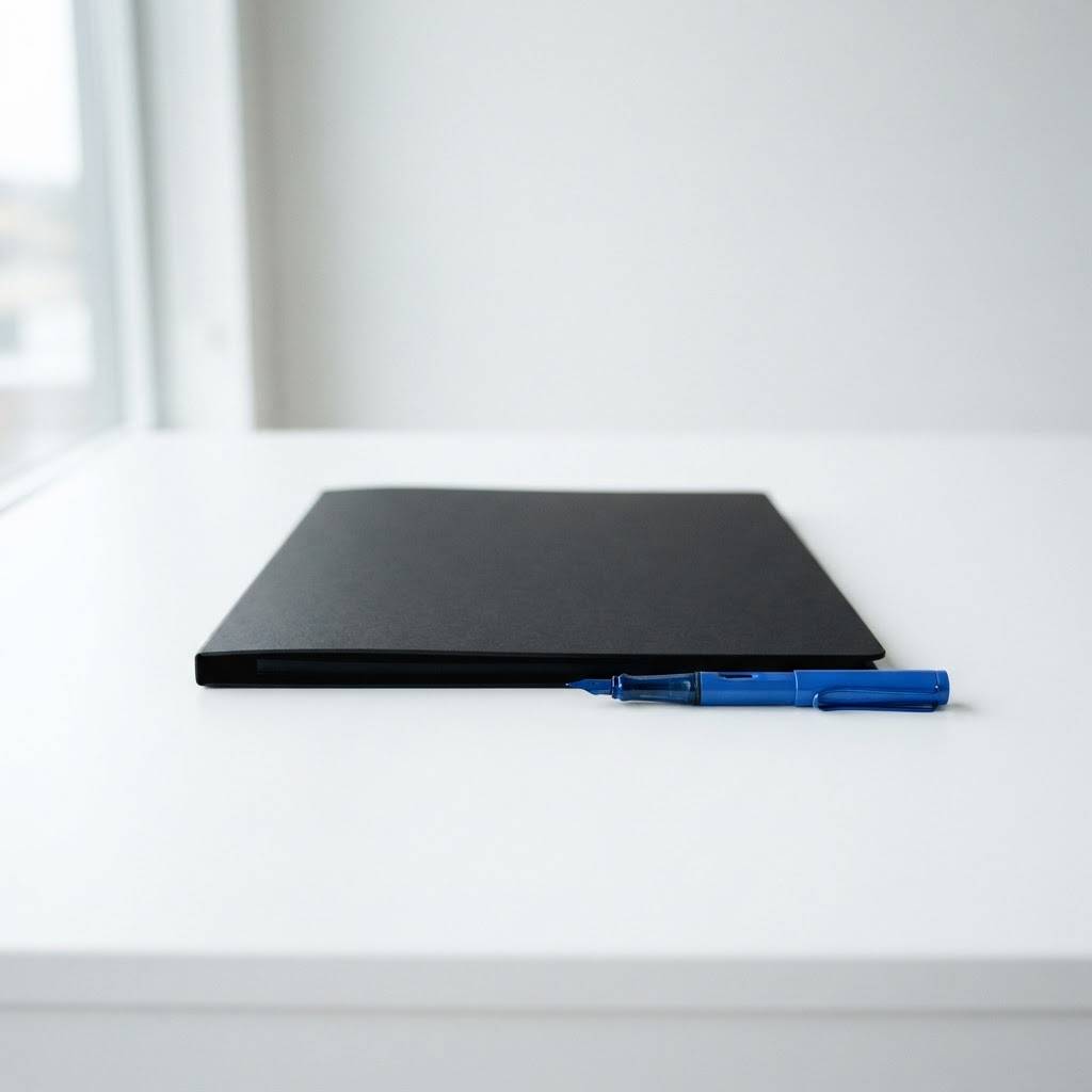 A single document folder and blue pen on a white desk