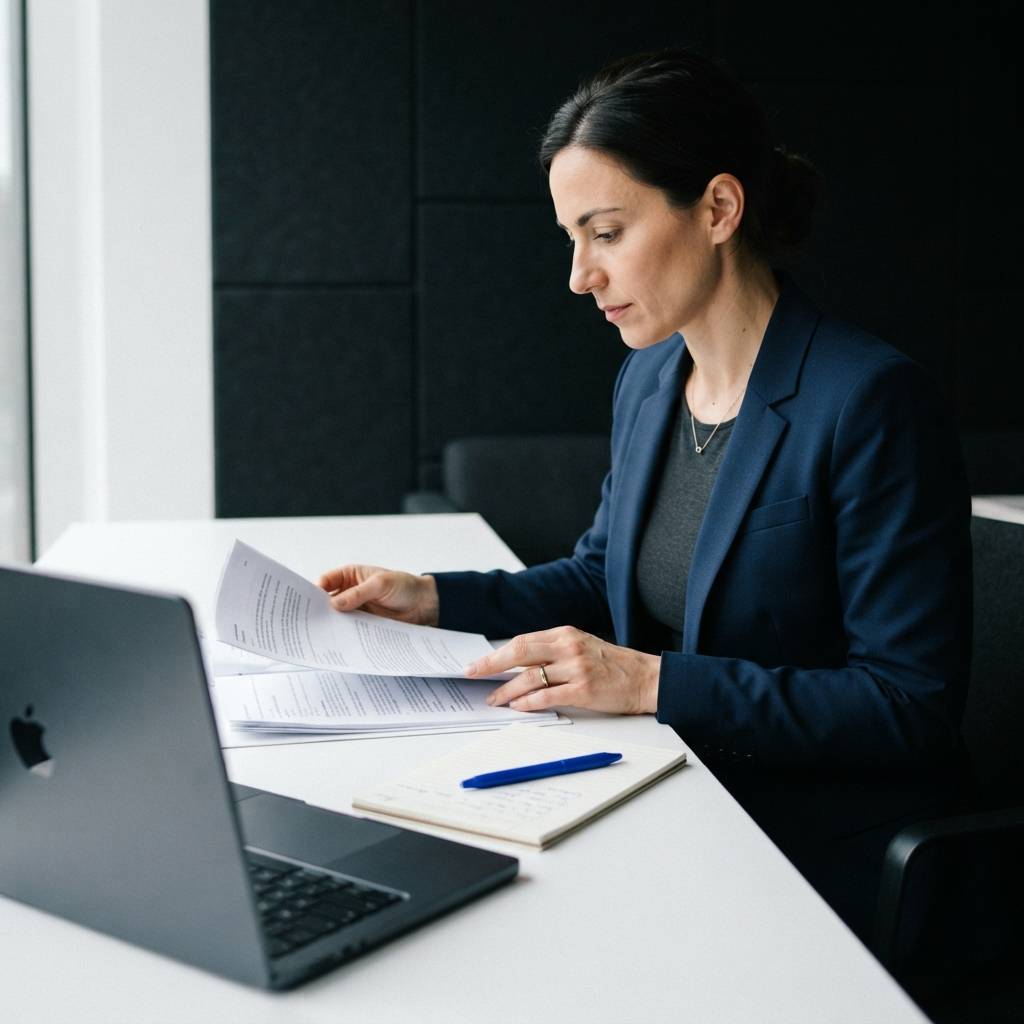 Professional strategist reviewing business documents at a clean desk