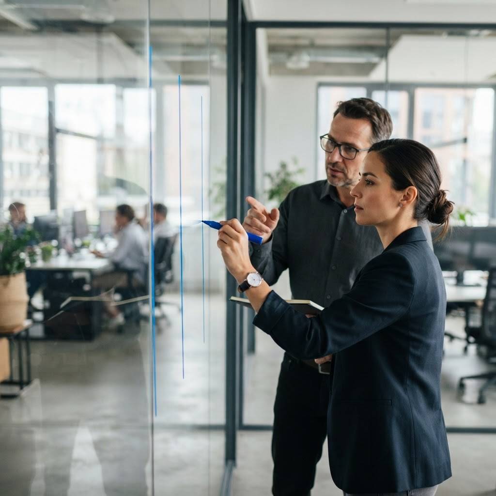 Marketing professionals planning on a glass wall