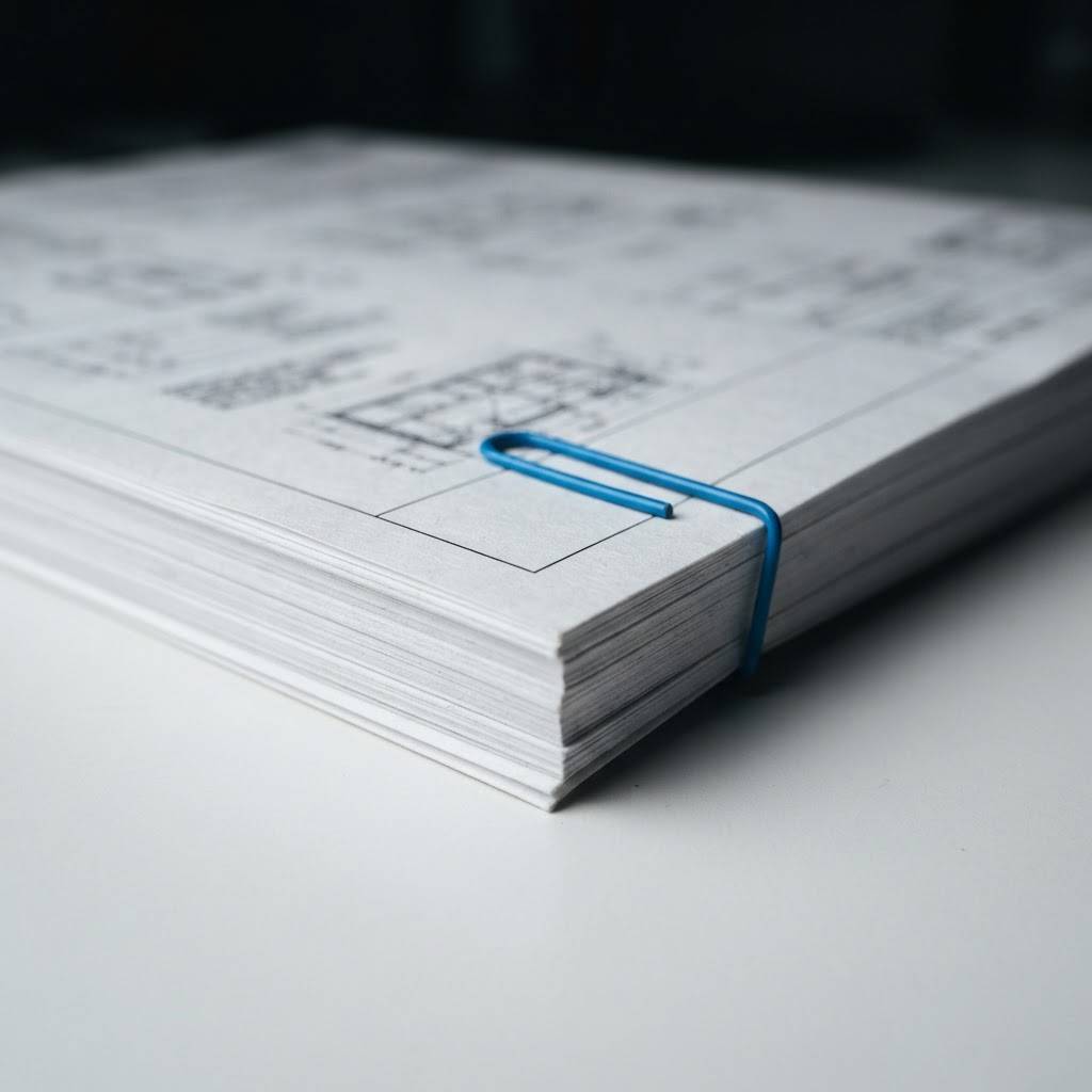 Close up of professional paper document with electric blue paperclip