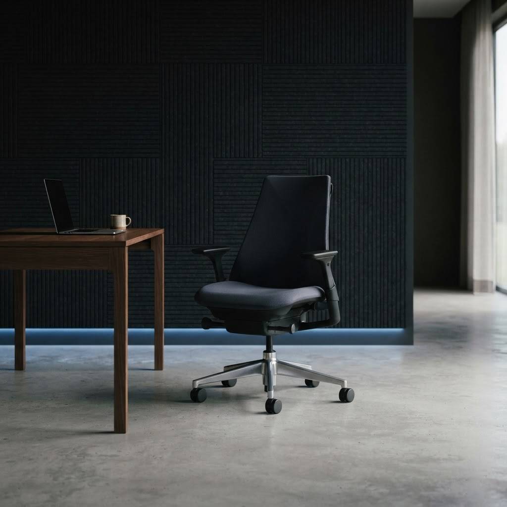 Minimalist modern office interior with charcoal furniture and blue trim
