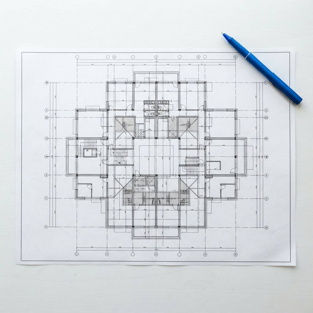 A blueprint of a complex grid on a white desk