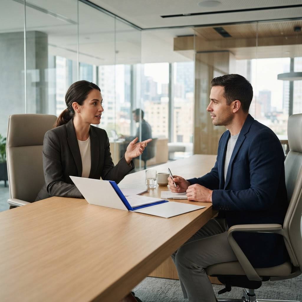 Two professionals in a strategy discussion
