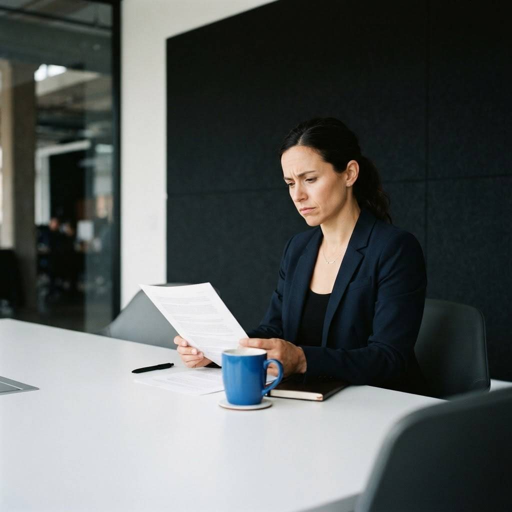 Professional evaluating strategy in a minimalist meeting room
