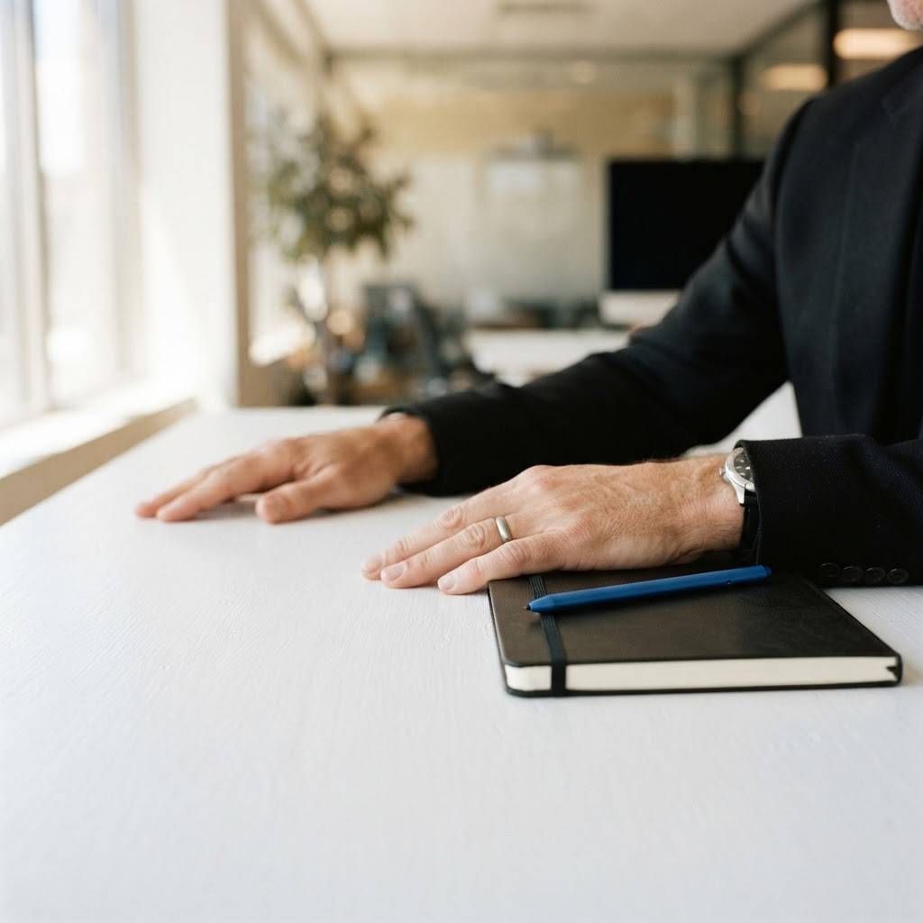 Professional hands resting on a desk with a black notebook and blue stylus