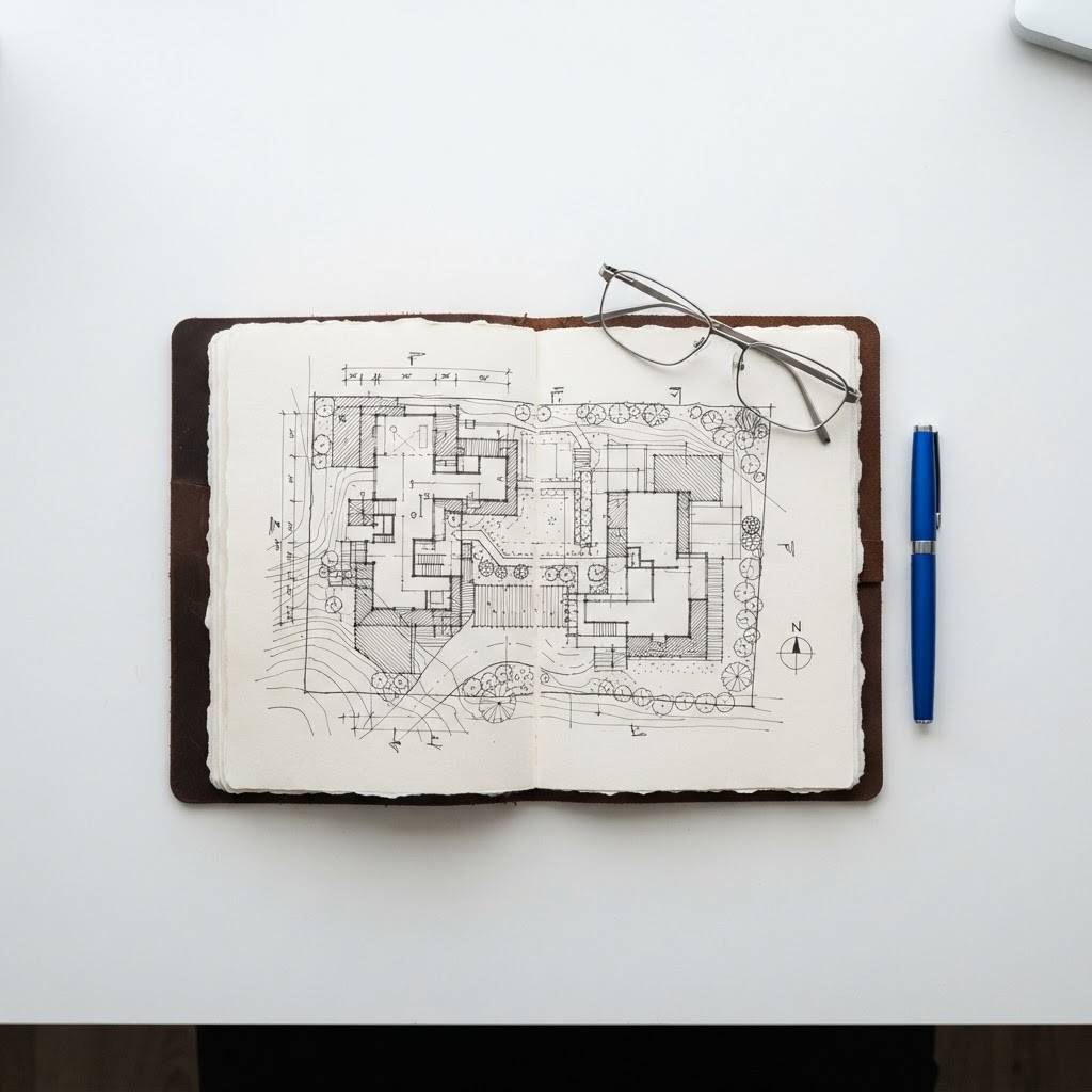 A high-level architectural site map on a clean desk