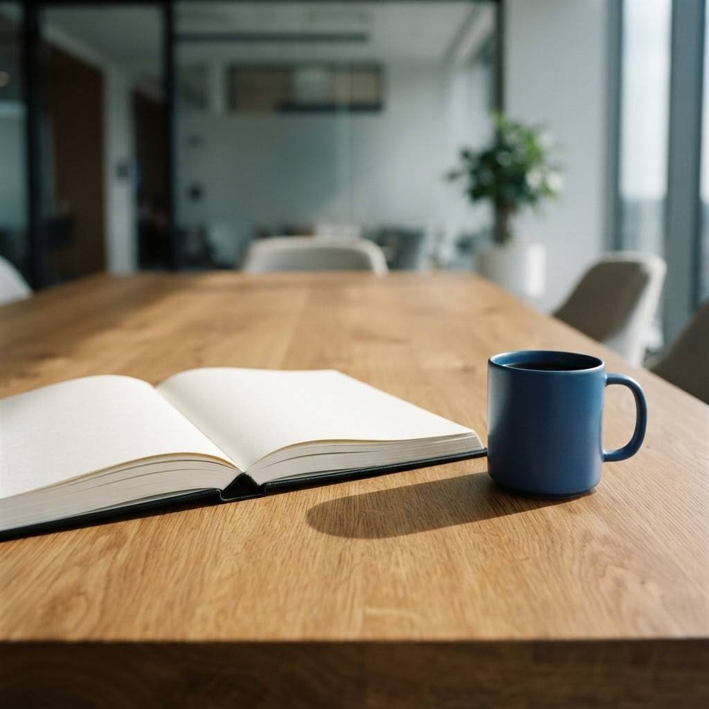 Open black notebook and a cobalt blue mug on a white desk