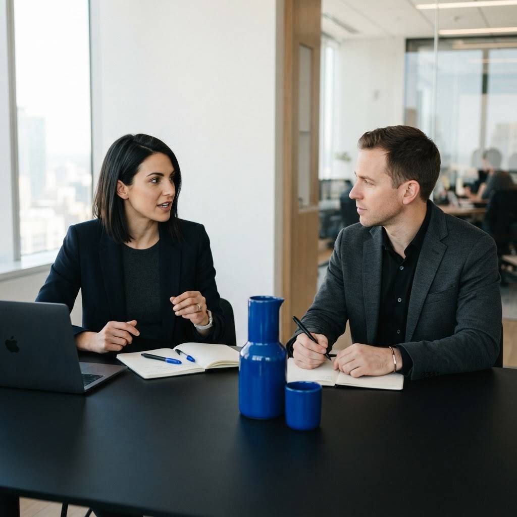 Two B2B professionals collaborating in a modern office