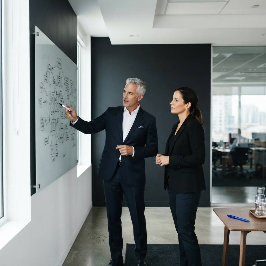 Two business executives collaborating in a clean modern office