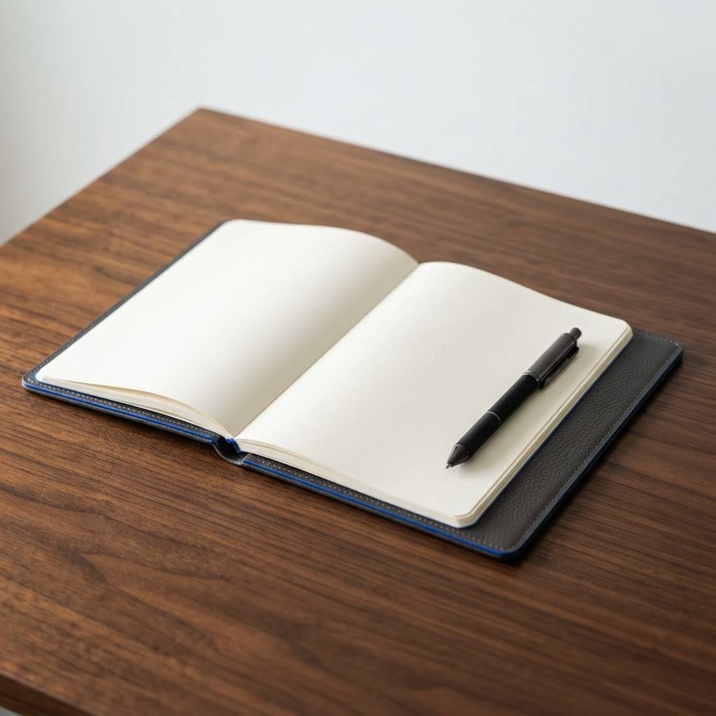 Clean professional desk setup with notes and pen