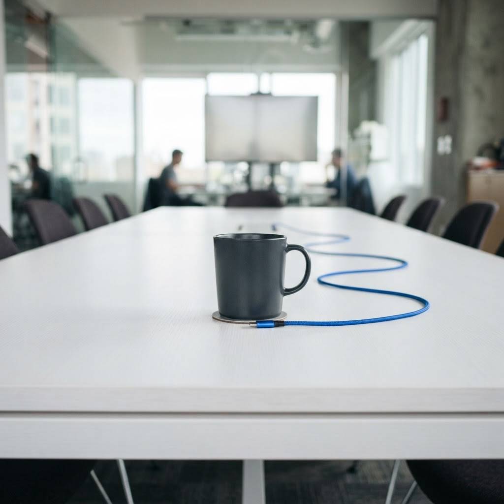 Clean office table with a blue cable accent