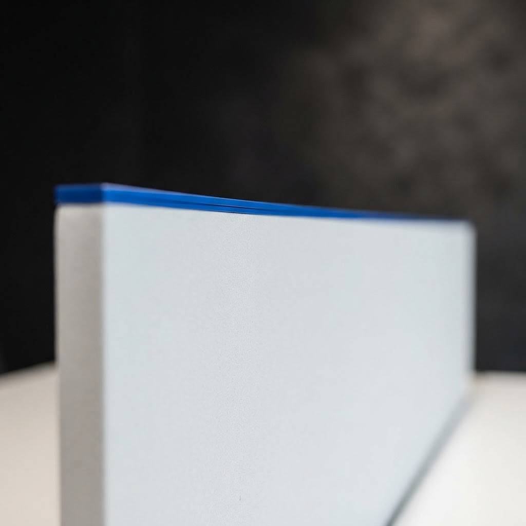 Abstract detail of white desk partition with blue accent trim