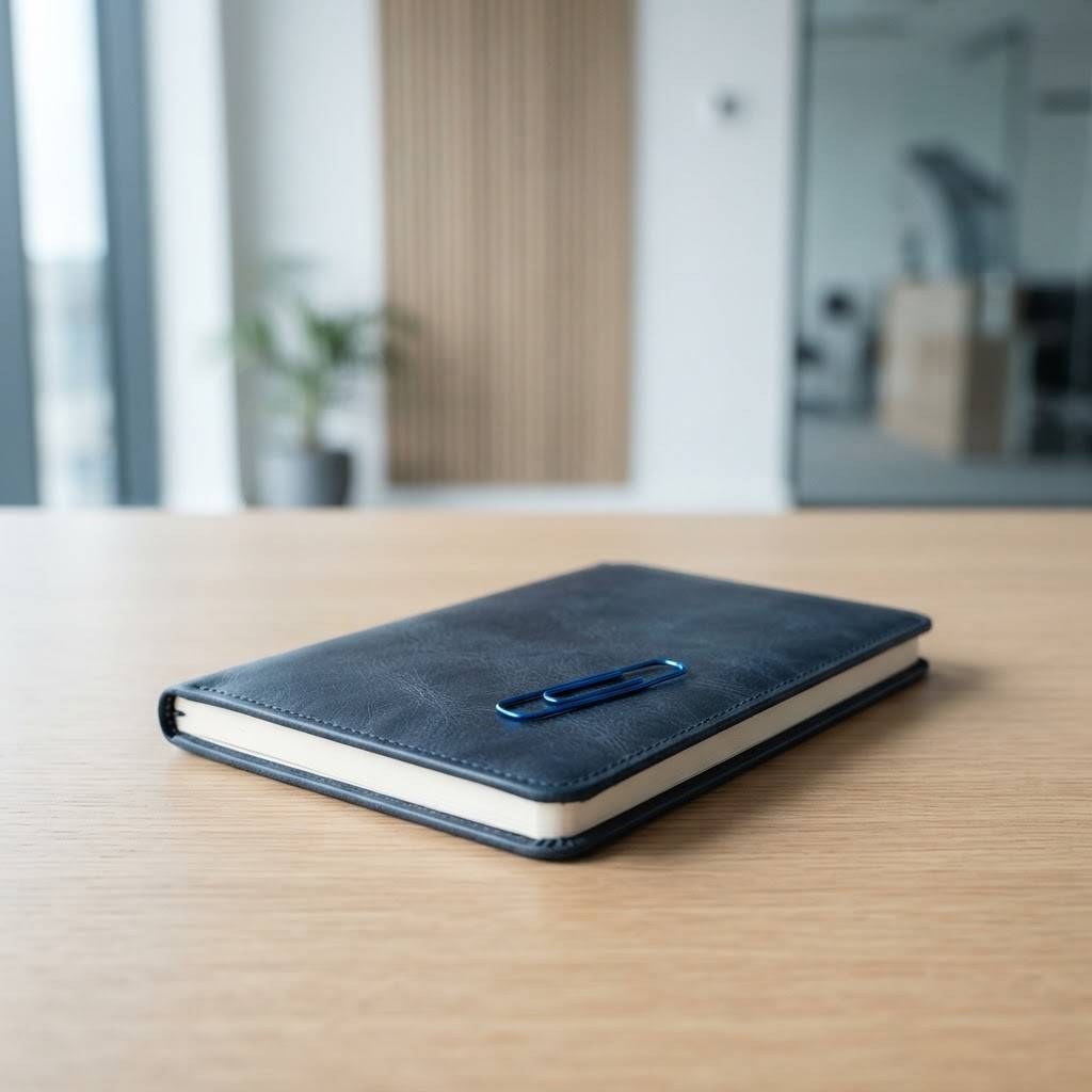 A notebook with an electric blue paperclip on a desk