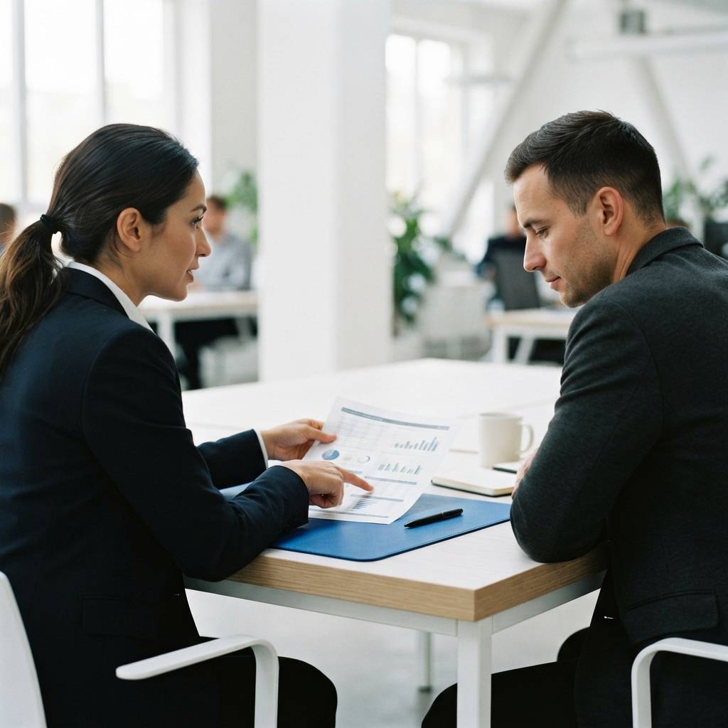 Strategist reviewing physical documents in a modern office