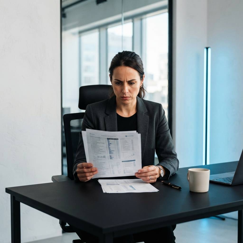 A business leader carefully evaluating two documents side by side
