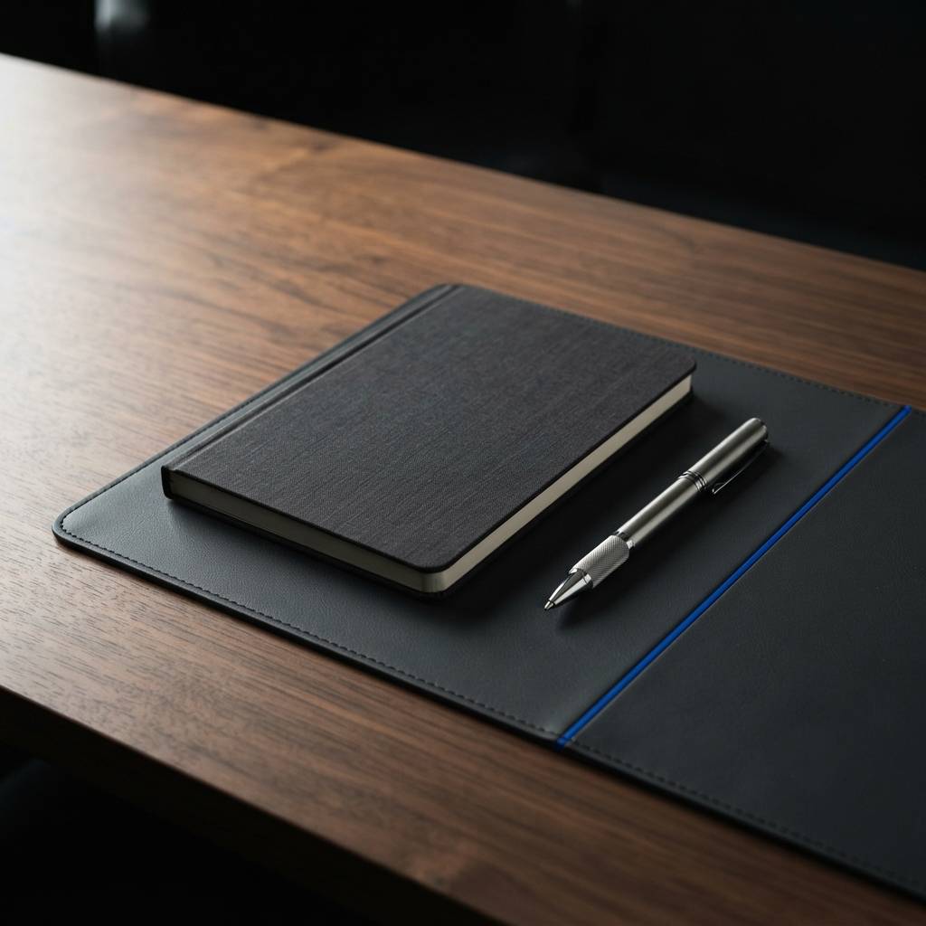 Professional workspace with notebook and pen