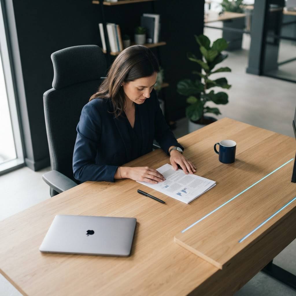 B2B marketing professional reviewing strategy in modern office