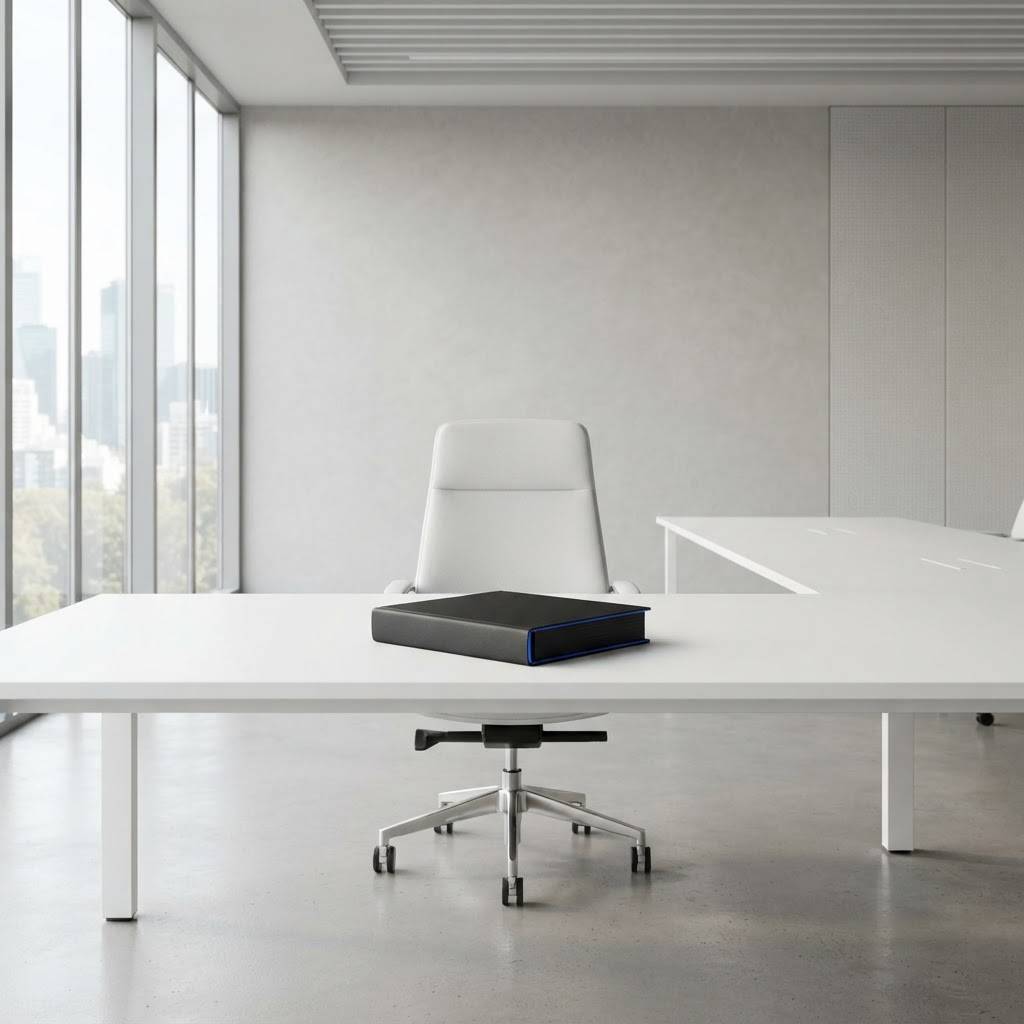 A single chair and binder in a minimalist boardroom