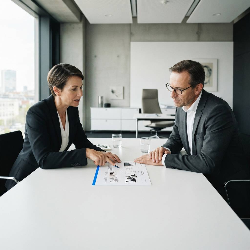 Two business professionals analyzing strategy in a minimalist office