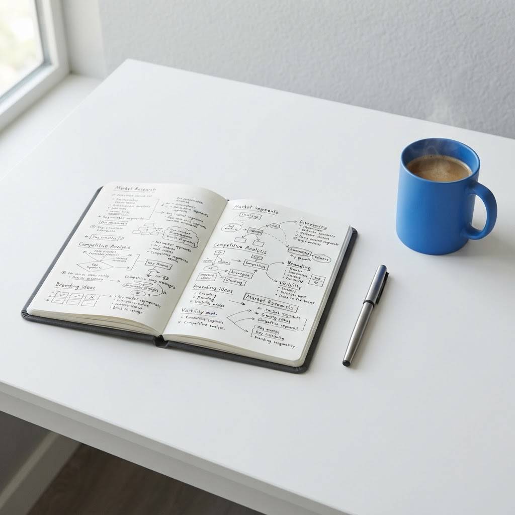 Clean desk setup with strategic notes and blue mug