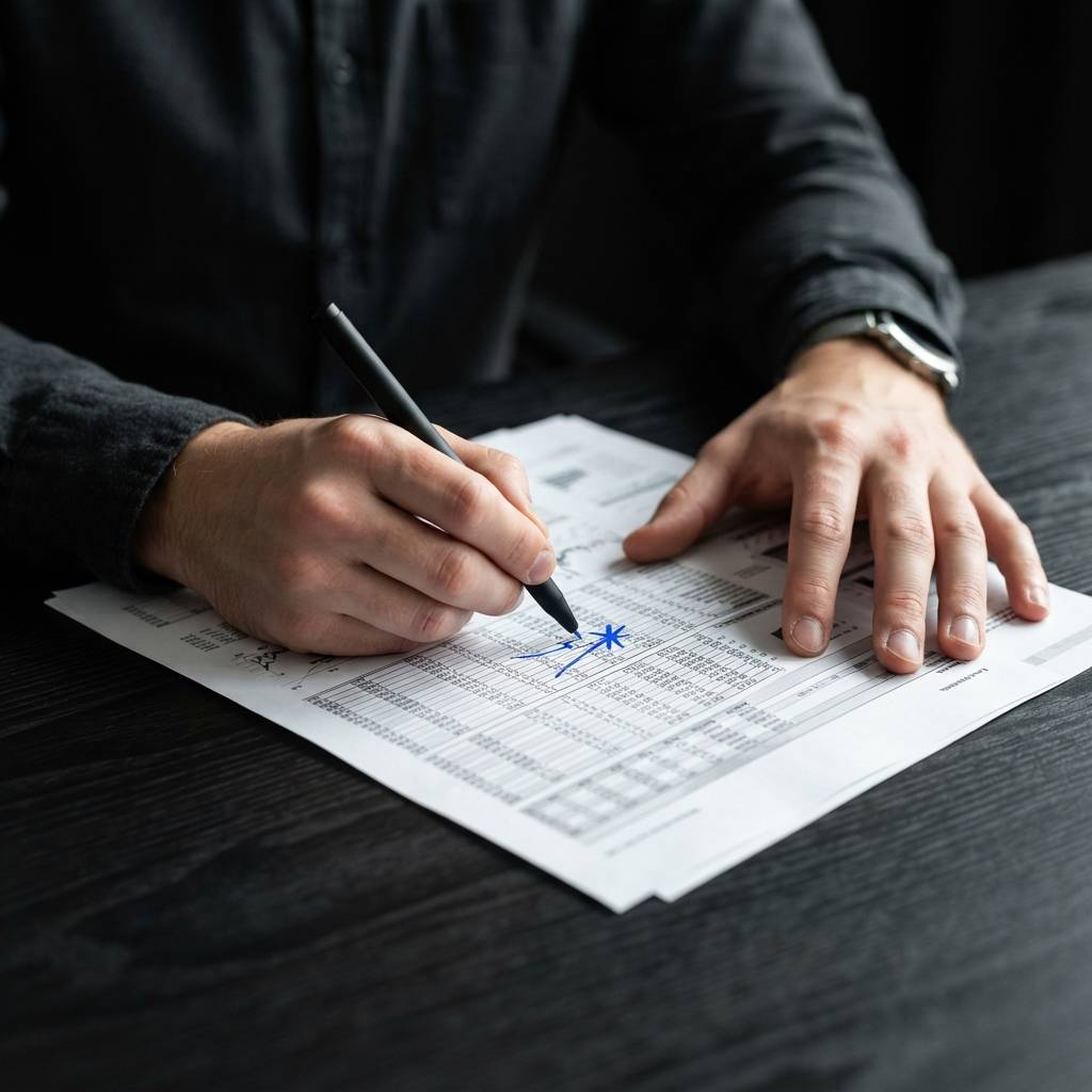 Professional annotating a pricing document with precision