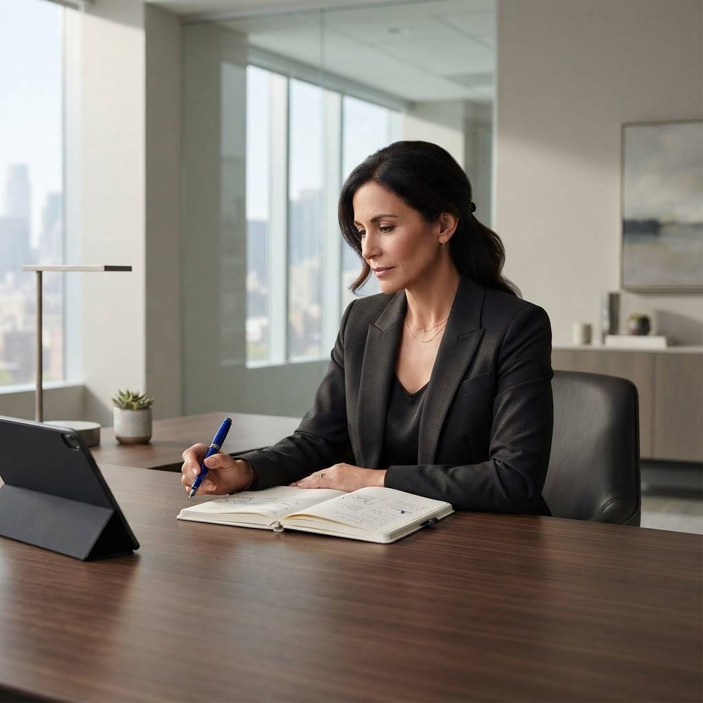 Marketing leader reflecting in a modern professional office
