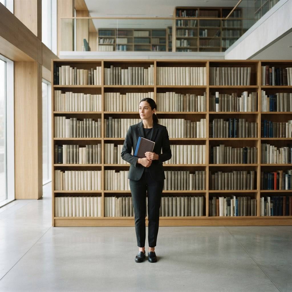 Professional selecting a reference book from a shelf