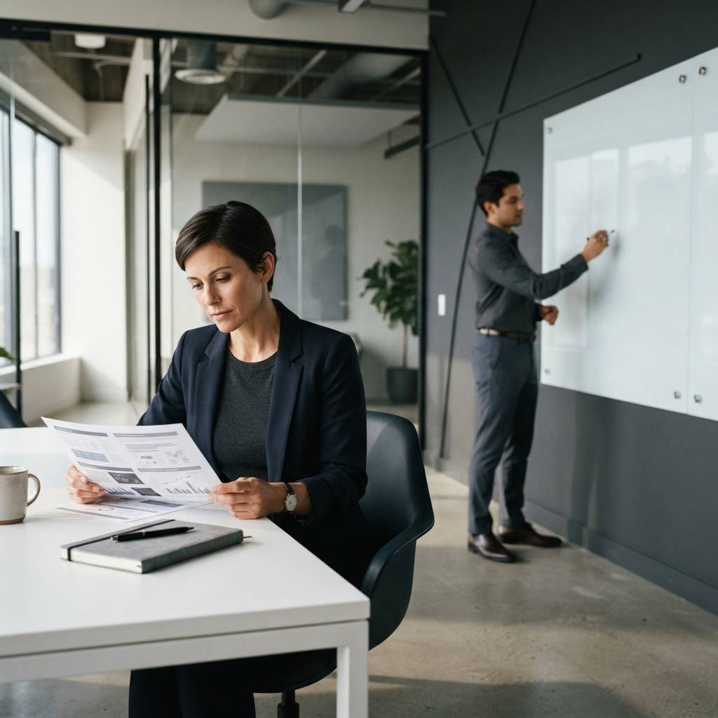Marketing leader conducting a strategy session in an office