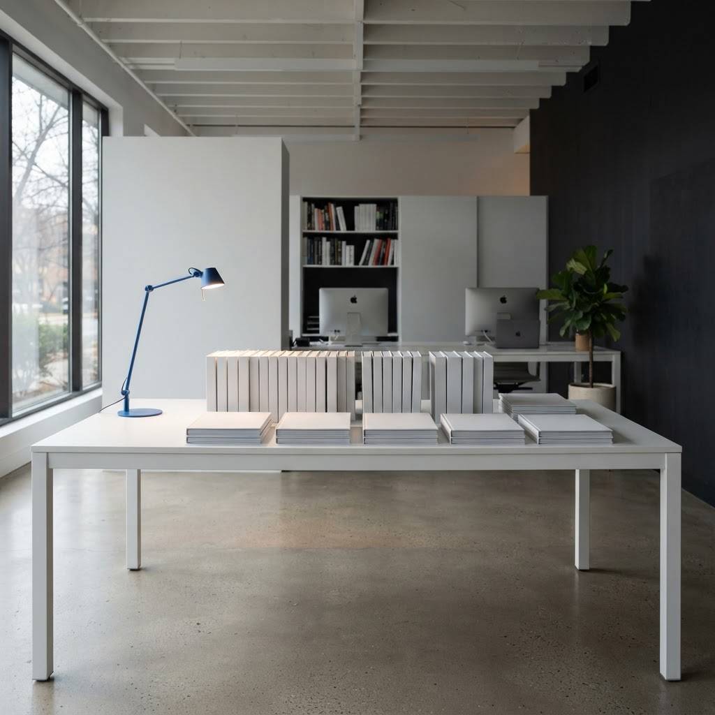 A minimalist studio workspace with a white table and a single electric blue desk lamp