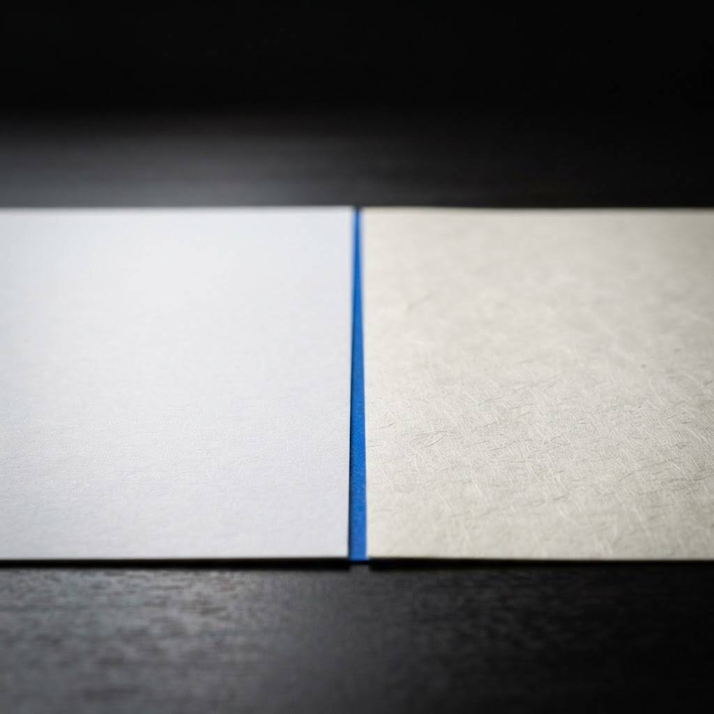 Comparison of two distinct paper textures on a desk separated by a single blue line