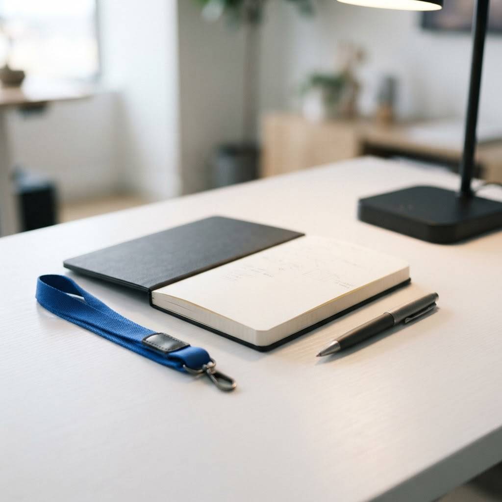 Minimalist workspace setting with a blue lanyard accent