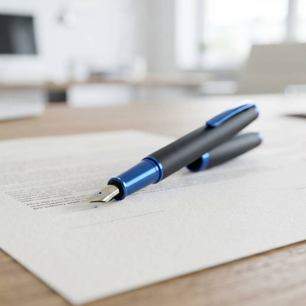 A fountain pen resting on a contract