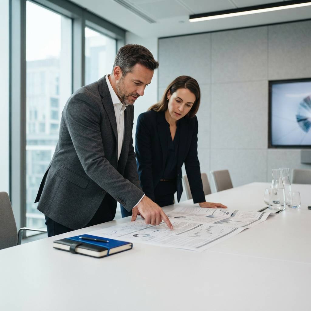 Two professionals analyzing a research document in a boardroom