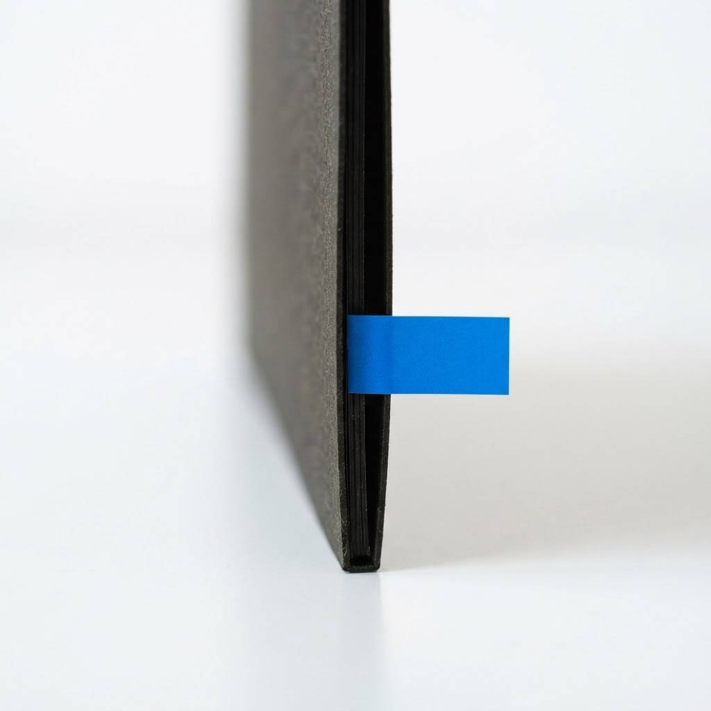 A close up of a black folder edge with a blue index tab.