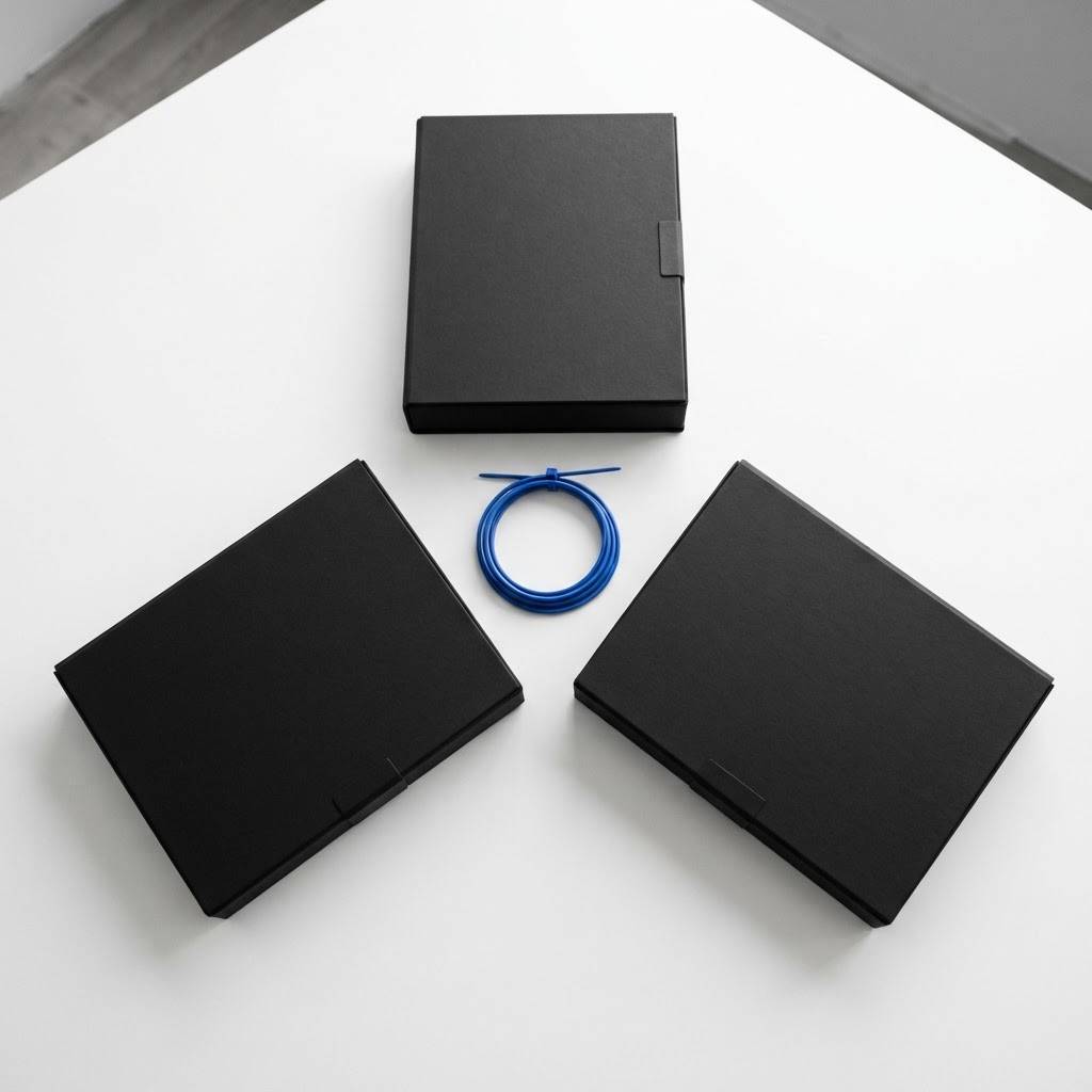 Three near black document cases arranged with a single blue cable tie on a white surface