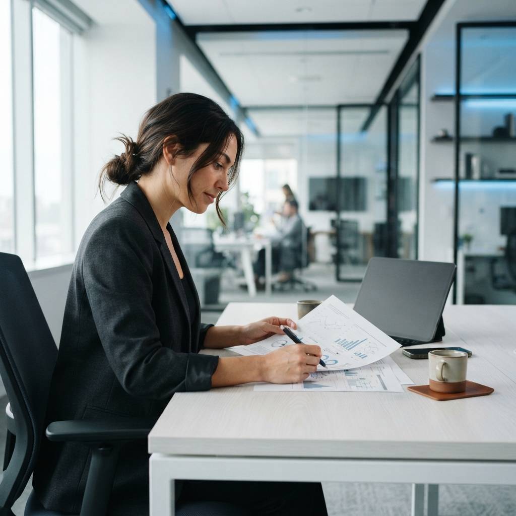 B2B SaaS strategist reviewing strategic documents at desk