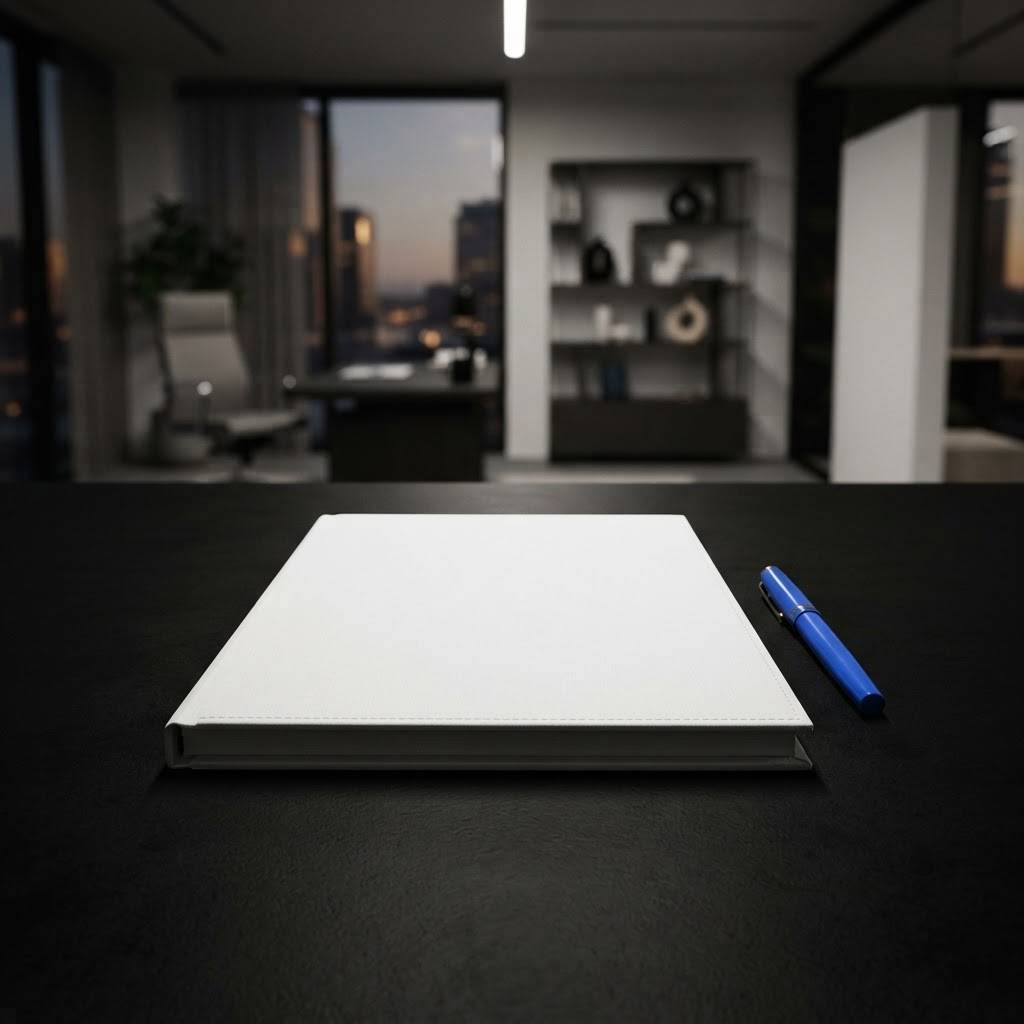 White portfolio and electric blue pen on black desk