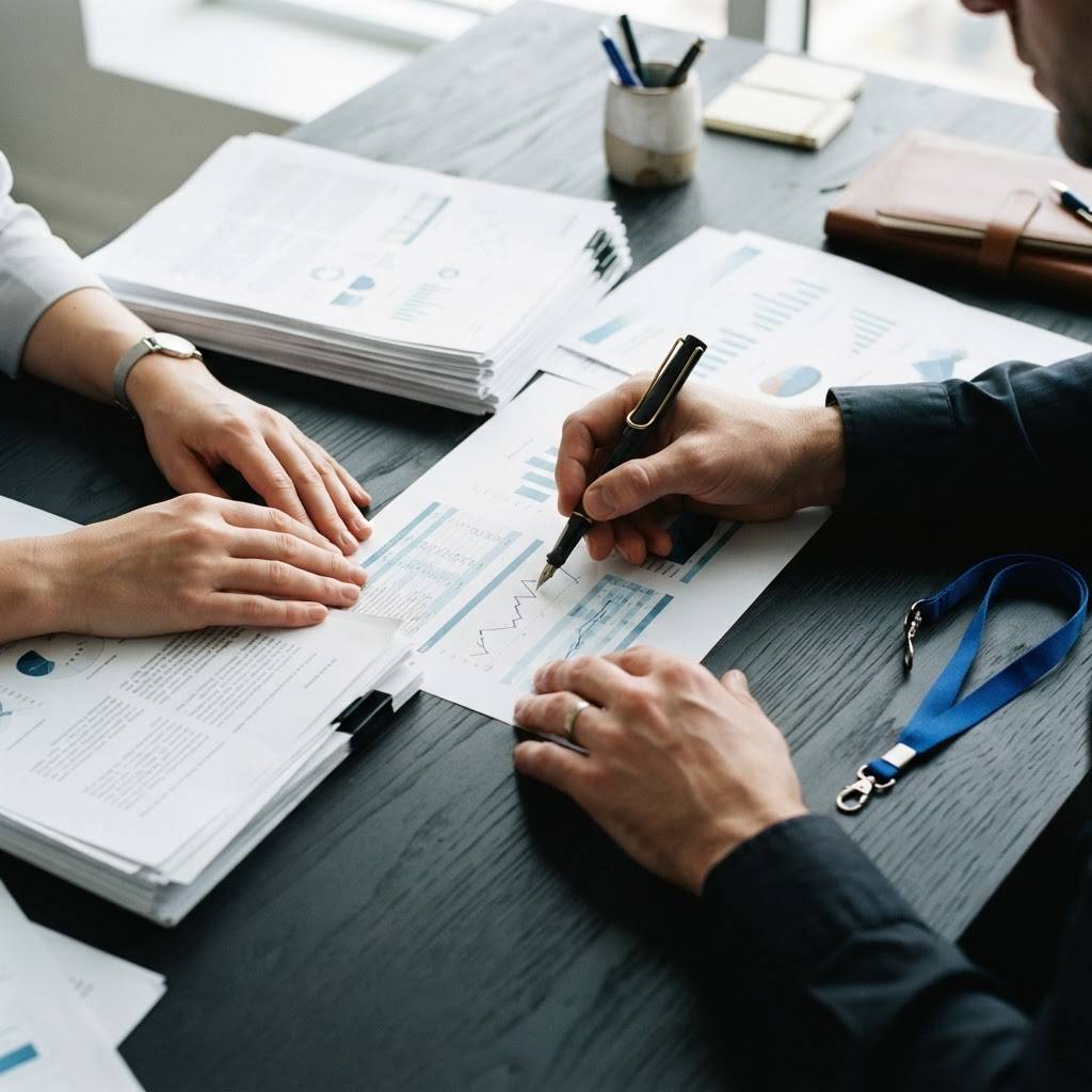 Professional hands reviewing physical business reports on a dark desk