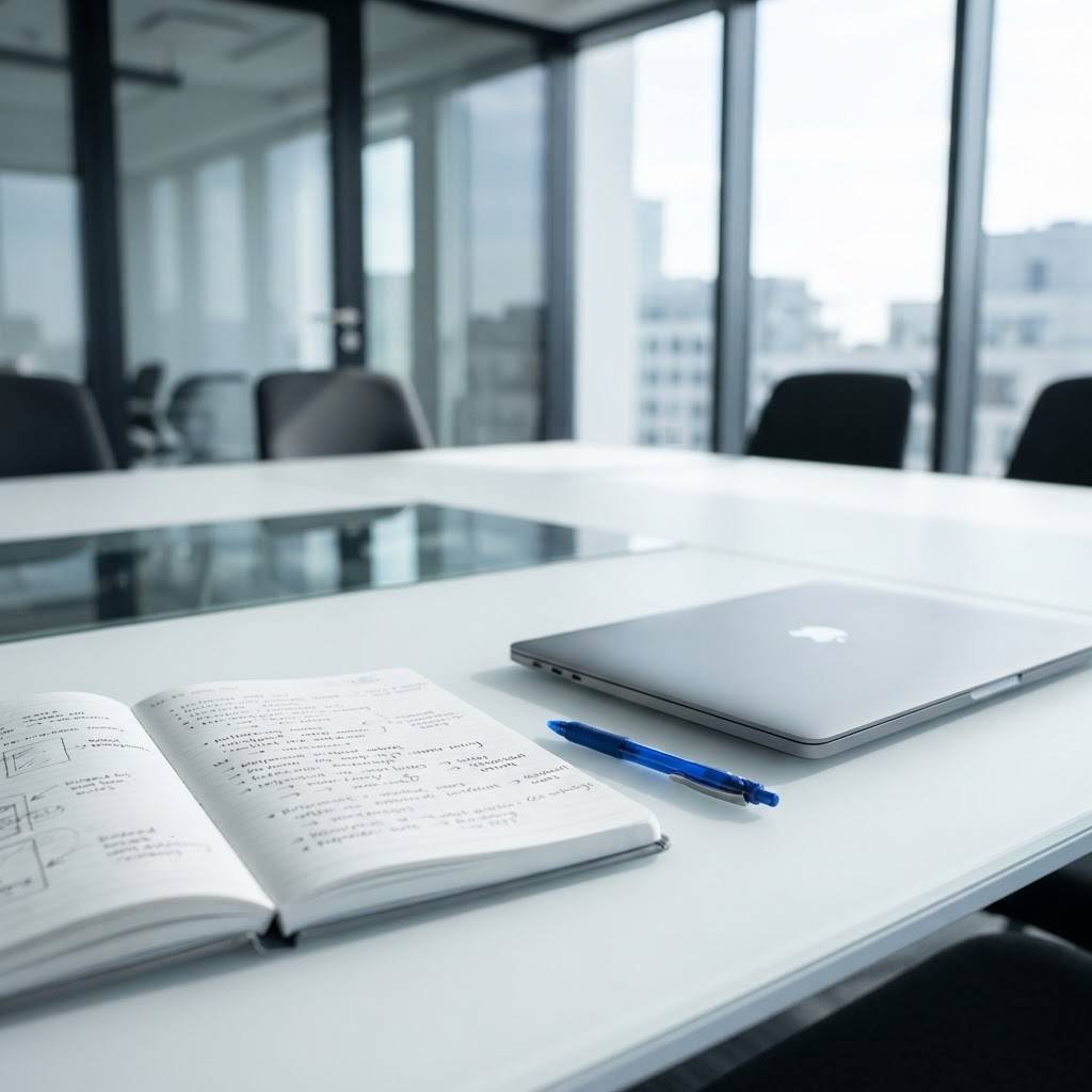 Professional workspace with open notebook and closed laptop