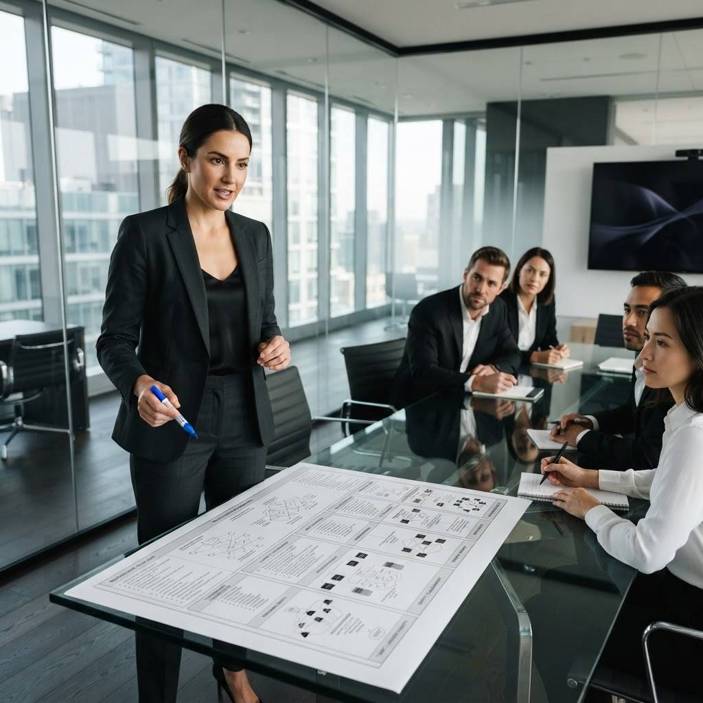 B2B strategist reviewing buyer intent research questions in a modern office