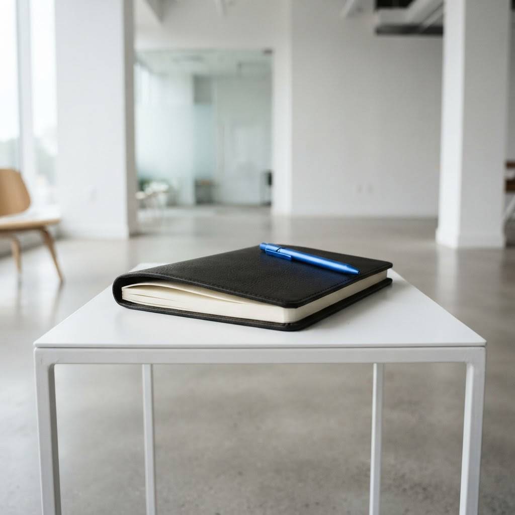 A single blue stylus resting on a leather-bound notebook